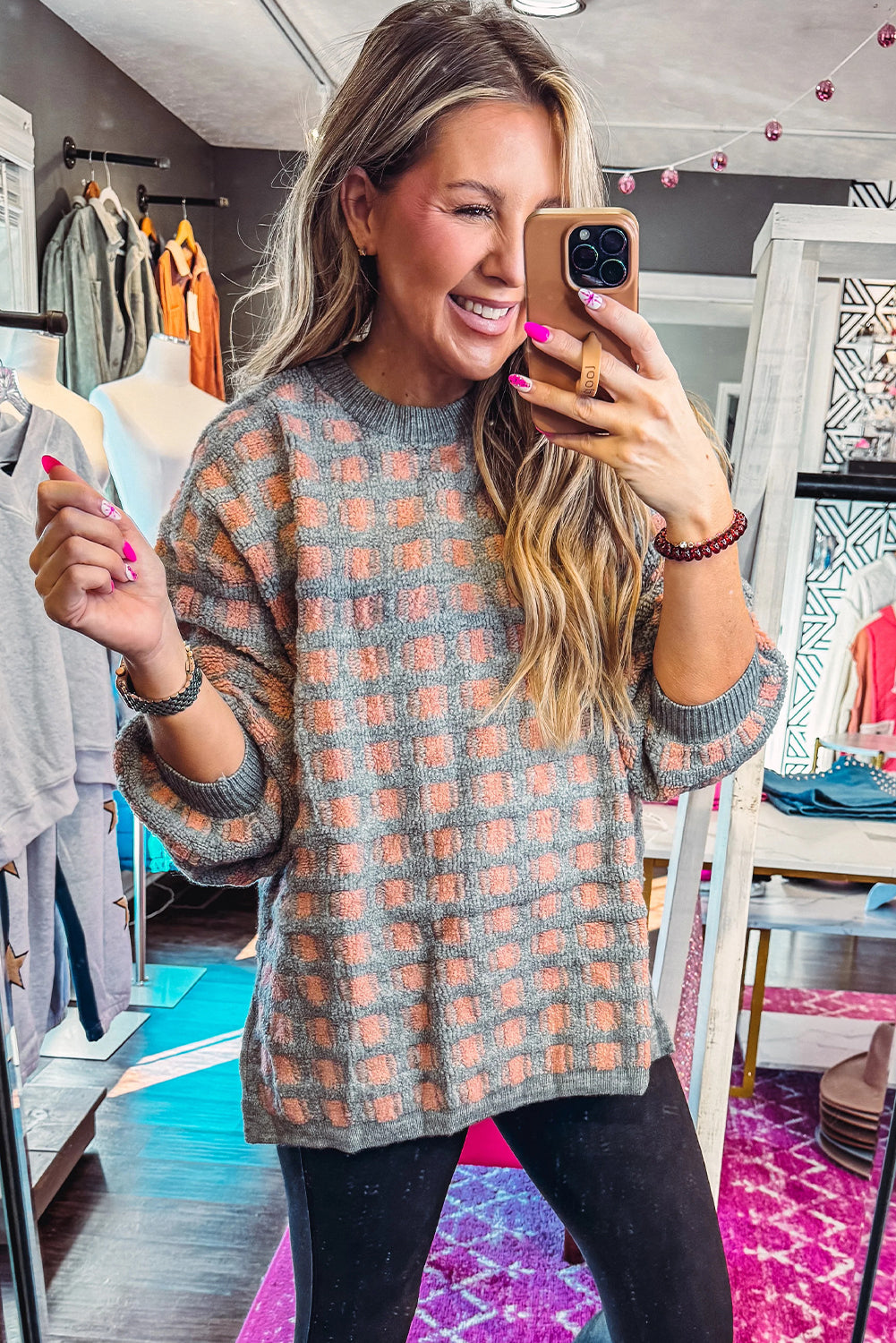 Pink Checkered Oversized Side Slit Sweater