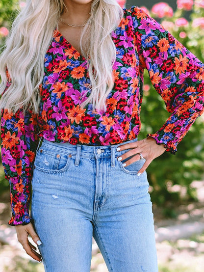 Elegant Floral Wrap V Neck Long Sleeve Body Suit