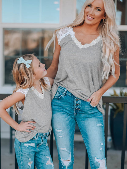 Gray Knit Lace Detail Cap Sleeve Top