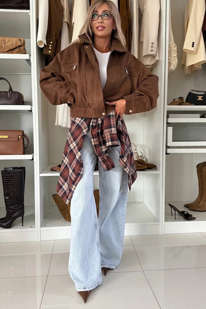 Mineral Red Flanel Plaid Single Chest Pocket Boyfriend Shacket