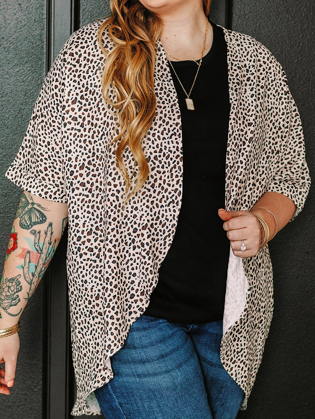 Leopard Print Khaki Plus Size Open Front Cardigan with Half Sleeves