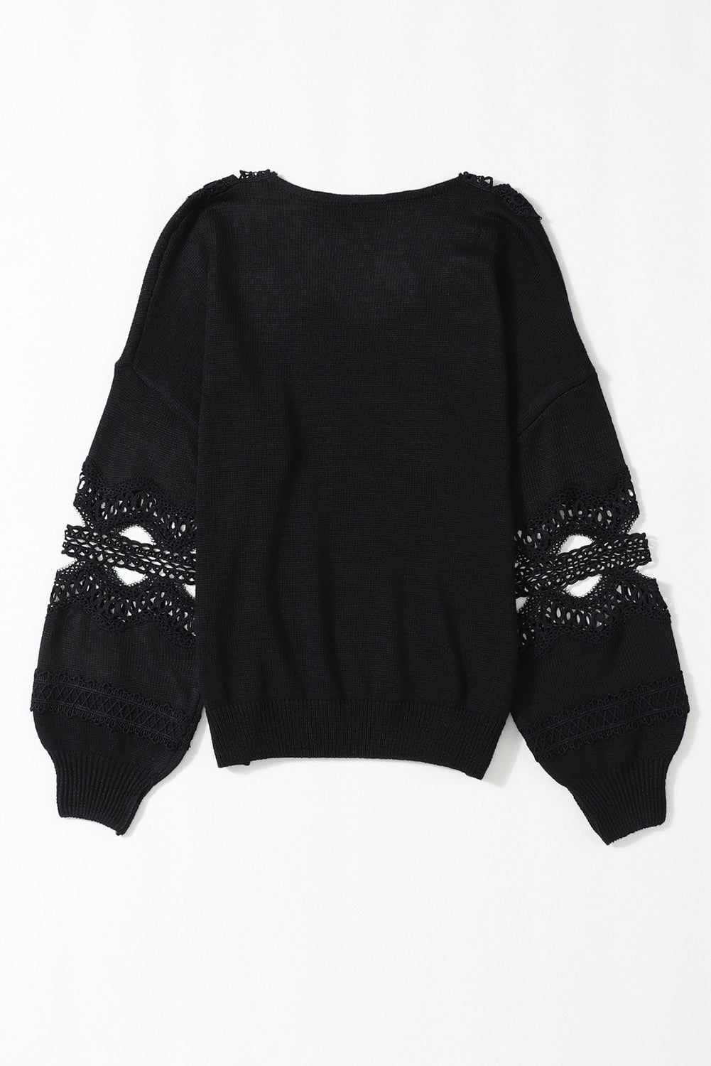 Elegant Black Lace V-Neck Knit Sweater with Hollow Details