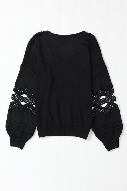 Elegant Black Lace V-Neck Knit Sweater with Hollow Details