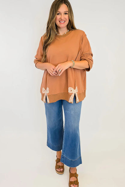 Grapefruit Orange Floral Bow Patched Slit Exposed Seam Patchwork Baggy Sweatshirt