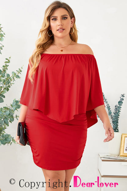 Fiery Red Plus Size Layered Mini Poncho Dress with Versatile Neckline