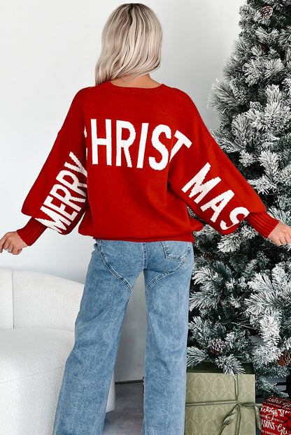 Fiery Red MERRY CHRISTMAS HO HO HO Drop Shoulder Loose Sweater