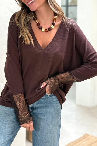 Chicory Coffee lace panel sweater