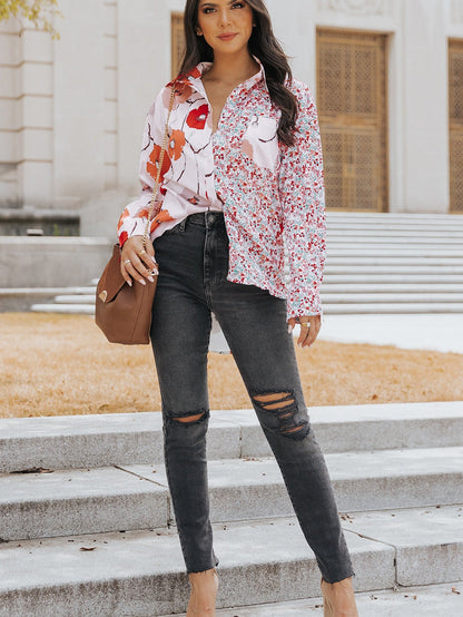 Fiery Red Floral Patchwork Button-Up Blouse with Front Pocket