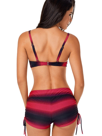Fiery Red Ombre Shading Bikini Set with Boardshorts