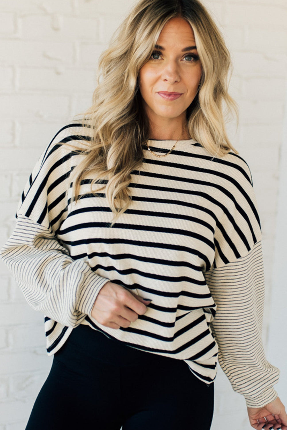 Black Stripe Mixed Pattern Thermal Knit Casual Sweatshirt