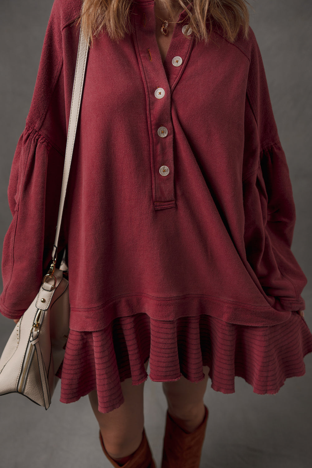 Burgundy Ruffle Hem Patchwork Half Button Long Sleeve Loose Tunic Dress