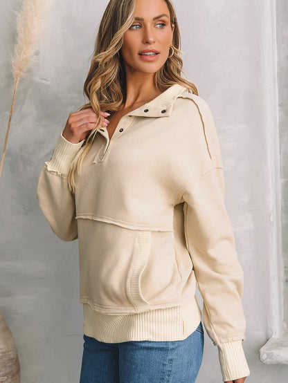 Khaki V-Neck Snap Button Sweatshirt with Kangaroo Pocket