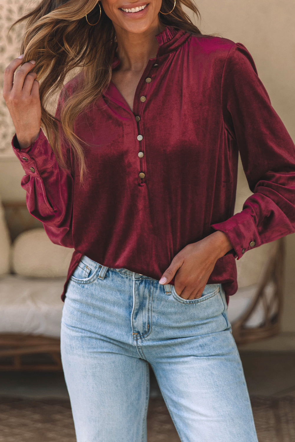 Frilled Burgundy Velvet Top with Buttoned Neck