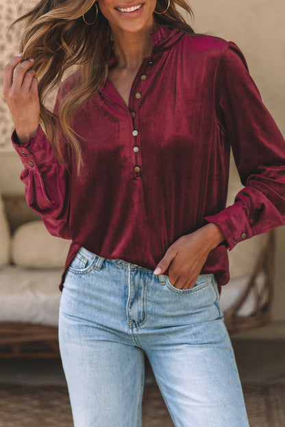 Frilled Burgundy Velvet Top with Buttoned Neck