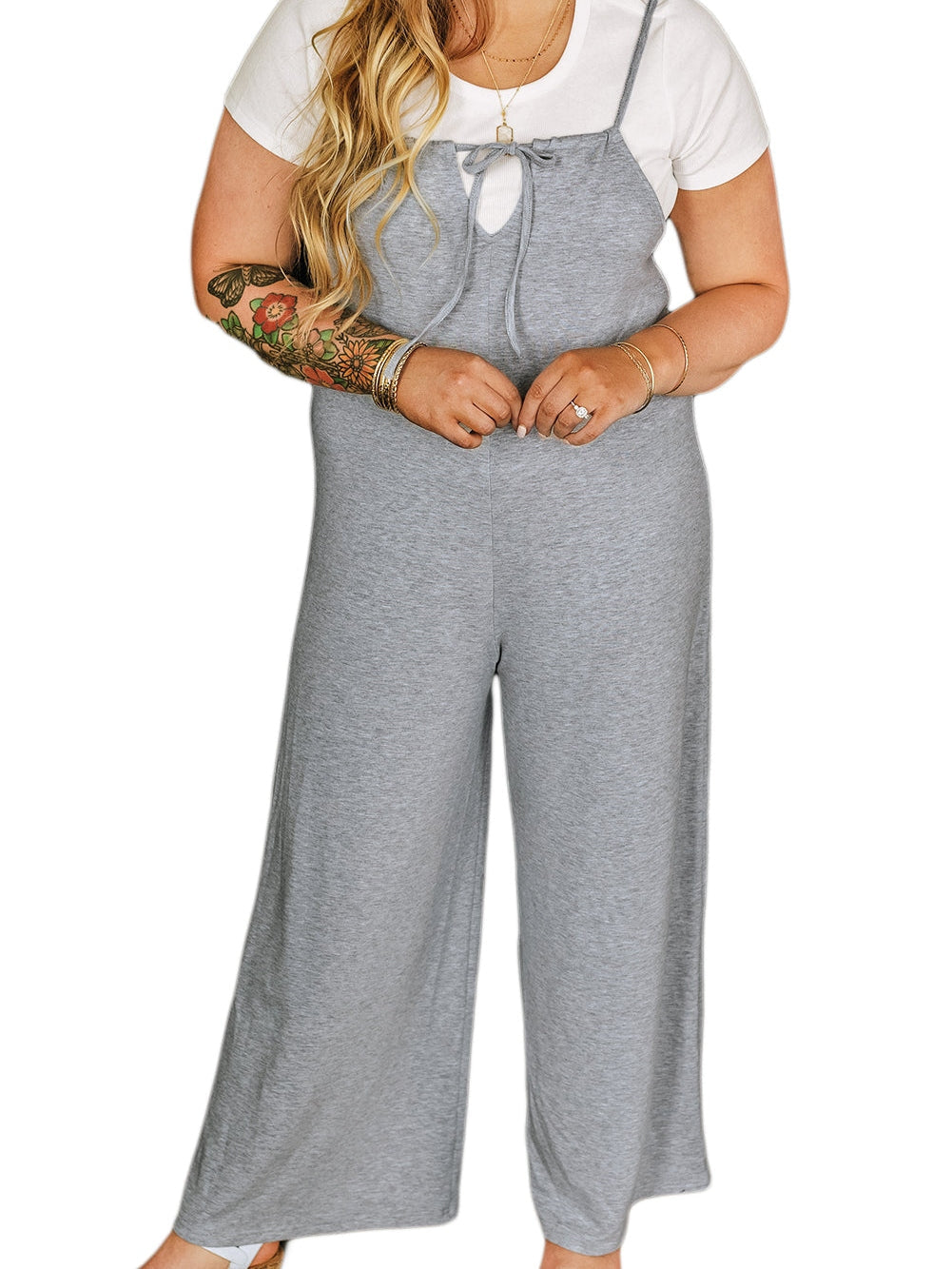 Gray Plus Size Solid Color Spaghetti Straps Wide Leg Jumpsuit