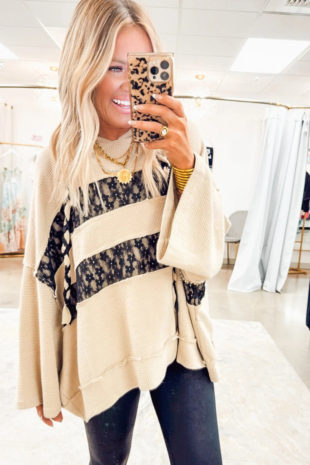 Beige Waffle Textured Exposed Seam Contrast Floral Lace Patchwork Sweatshirt