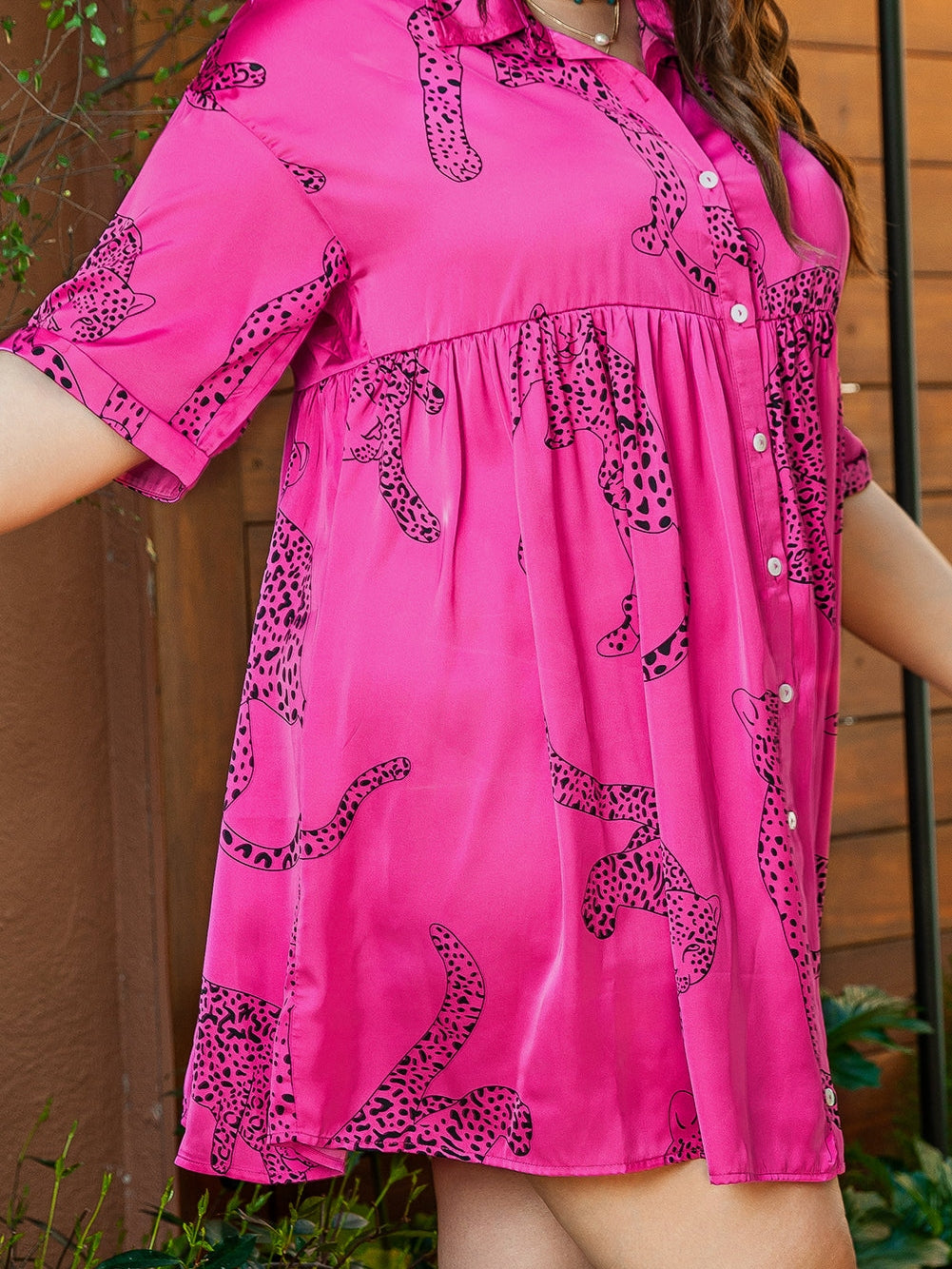 Rose Cheetah Print Half Sleeve Buttoned Plus Size Mini Dress