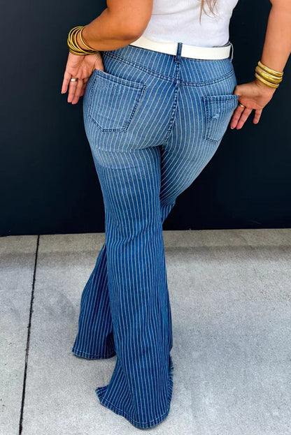 Sky Blue Stripe Raw Hem Split Leg Flared Jeans