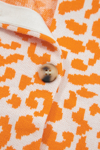 Orange Leopard Drop Shoulder Chunky Knitted Cardigan Sweater