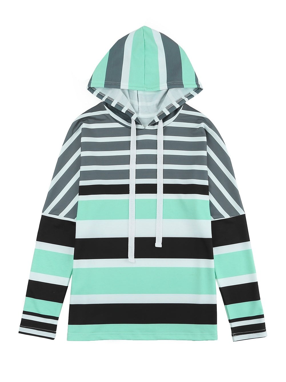 Green Striped Pullover Hooded Sweatshirt