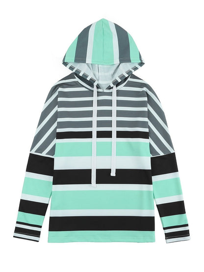 Green Striped Pullover Hooded Sweatshirt