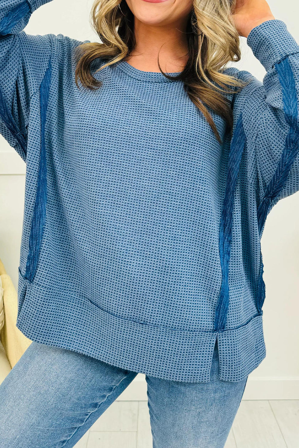 Dusk Blue Waffle Knit Contrast Patched Detail Side Slit Oversize Pullover