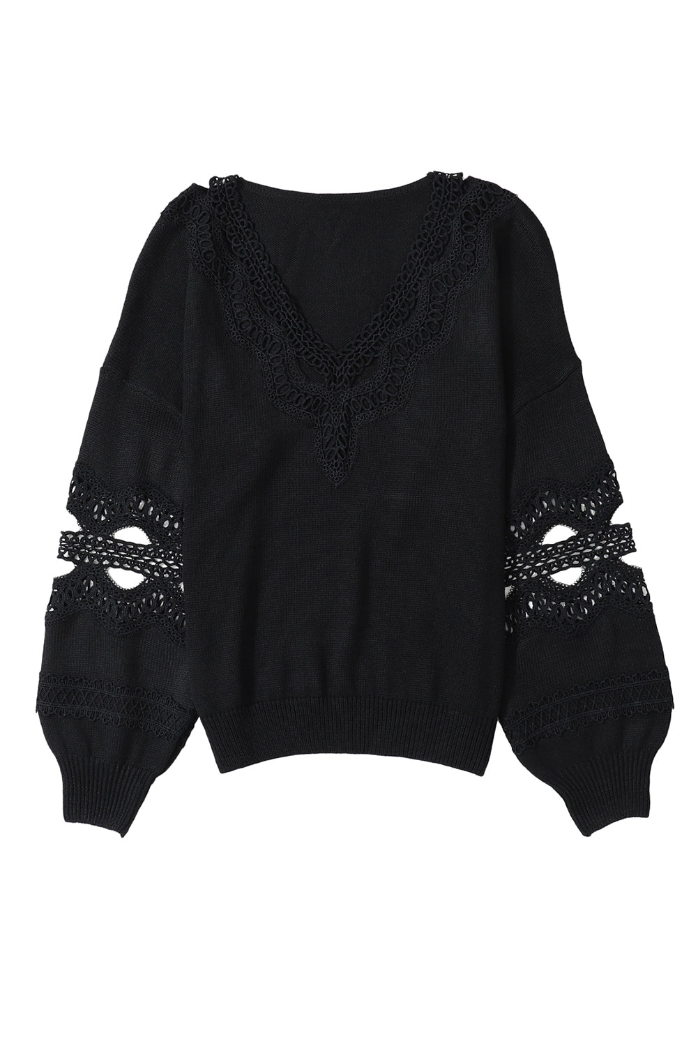 Elegant Black Lace V-Neck Knit Sweater with Hollow Details