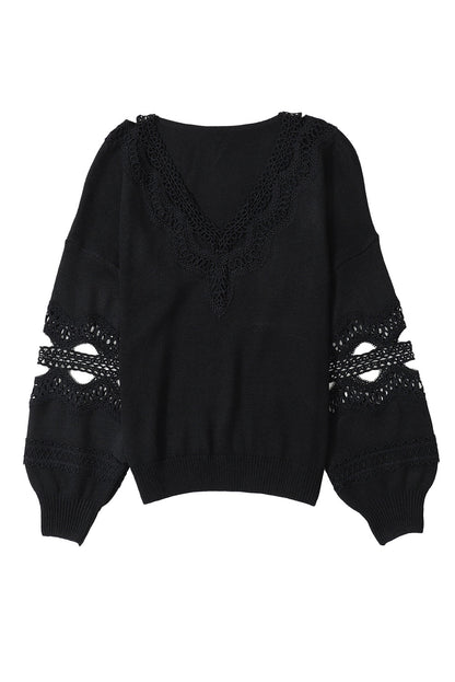 Elegant Black Lace V-Neck Knit Sweater with Hollow Details
