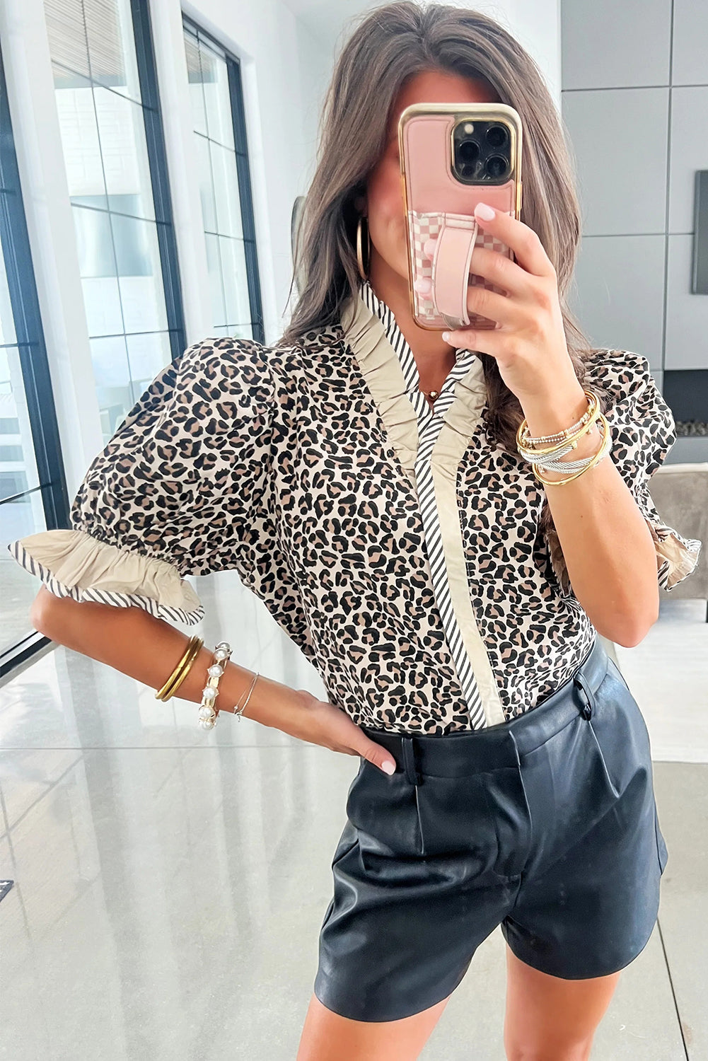 Black Leopard Print Striped Ruffled Color Block Trim V Neck Short Sleeve Blouse