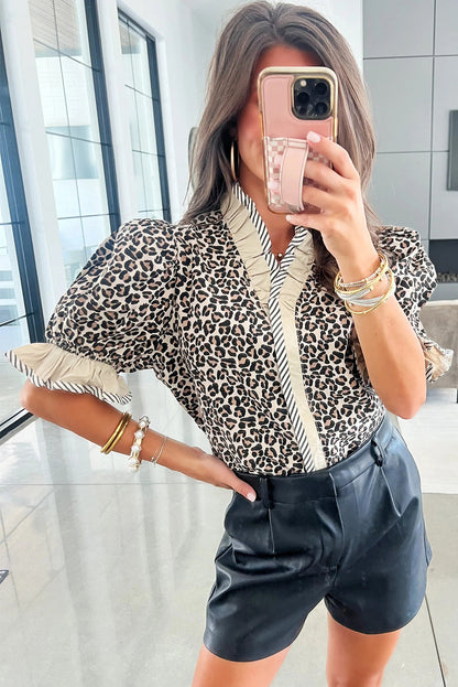 Black Leopard Print Striped Ruffled Color Block Trim V Neck Short Sleeve Blouse