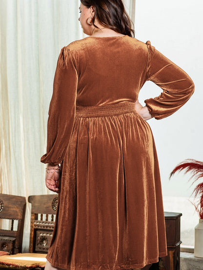 Camel Surplice V Neck Balloon Sleeve Velvet Dress