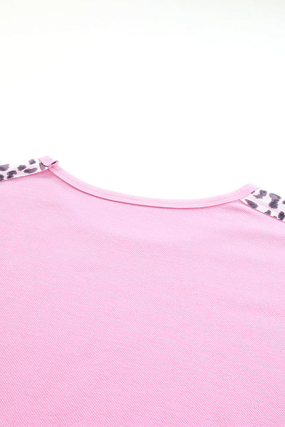 Pink Leopard Patchwork Plus Size Sweatshirt with Exposed Seams