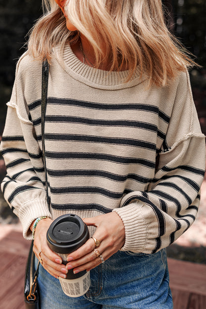 Black Stripe Ribbed Trim Drop Shoulder Puff Sleeve Sweater