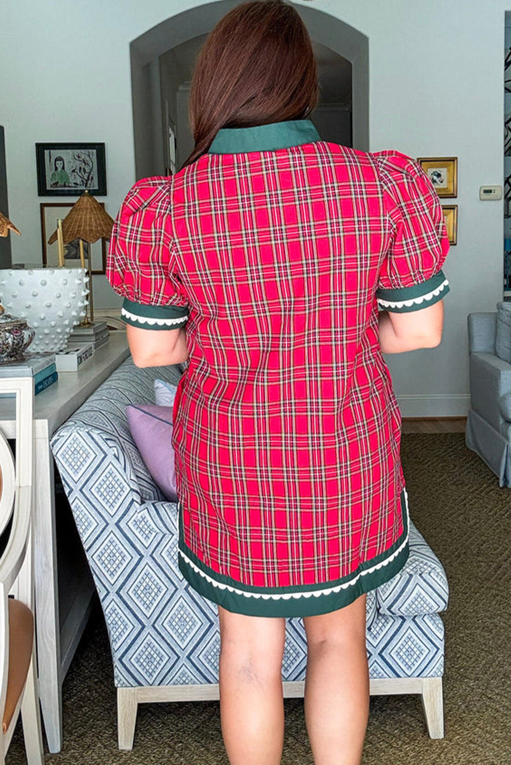 Racing Red Festive Plaid Ricrac Contrast Patchwork V Neck Short Sleeve Mini Dress