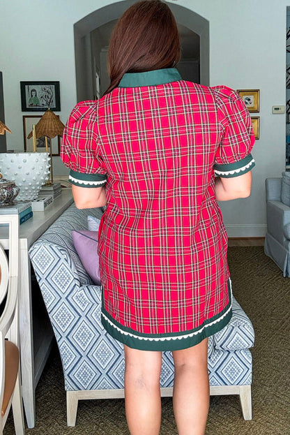 Racing Red Festive Plaid Ricrac Contrast Patchwork V Neck Short Sleeve Mini Dress
