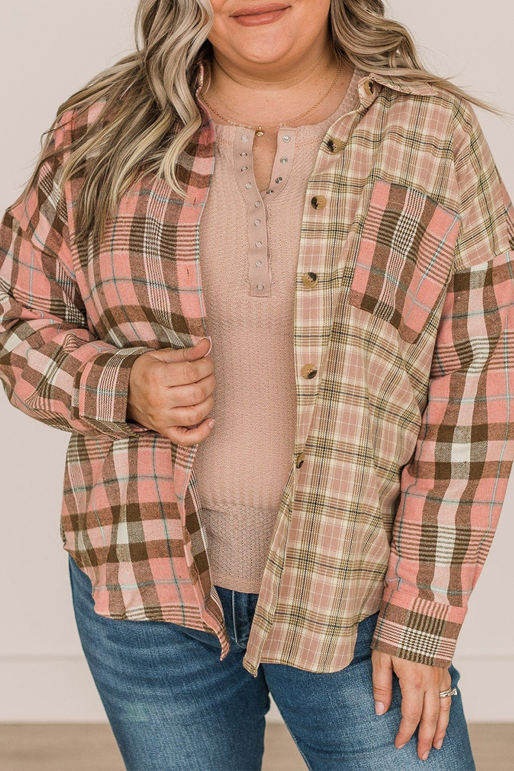 Pink Plaid Pocketed Plus Size Shirt With Long Sleeves