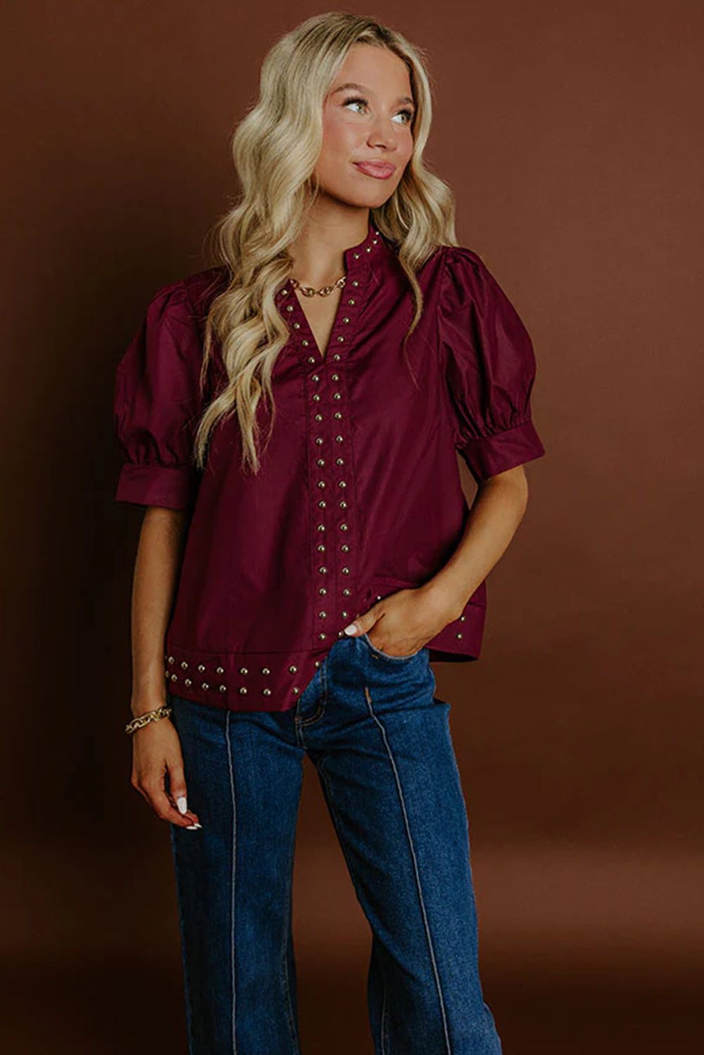Burgundy Rivet Embellished V Neck Short Puff Sleeve Blouse