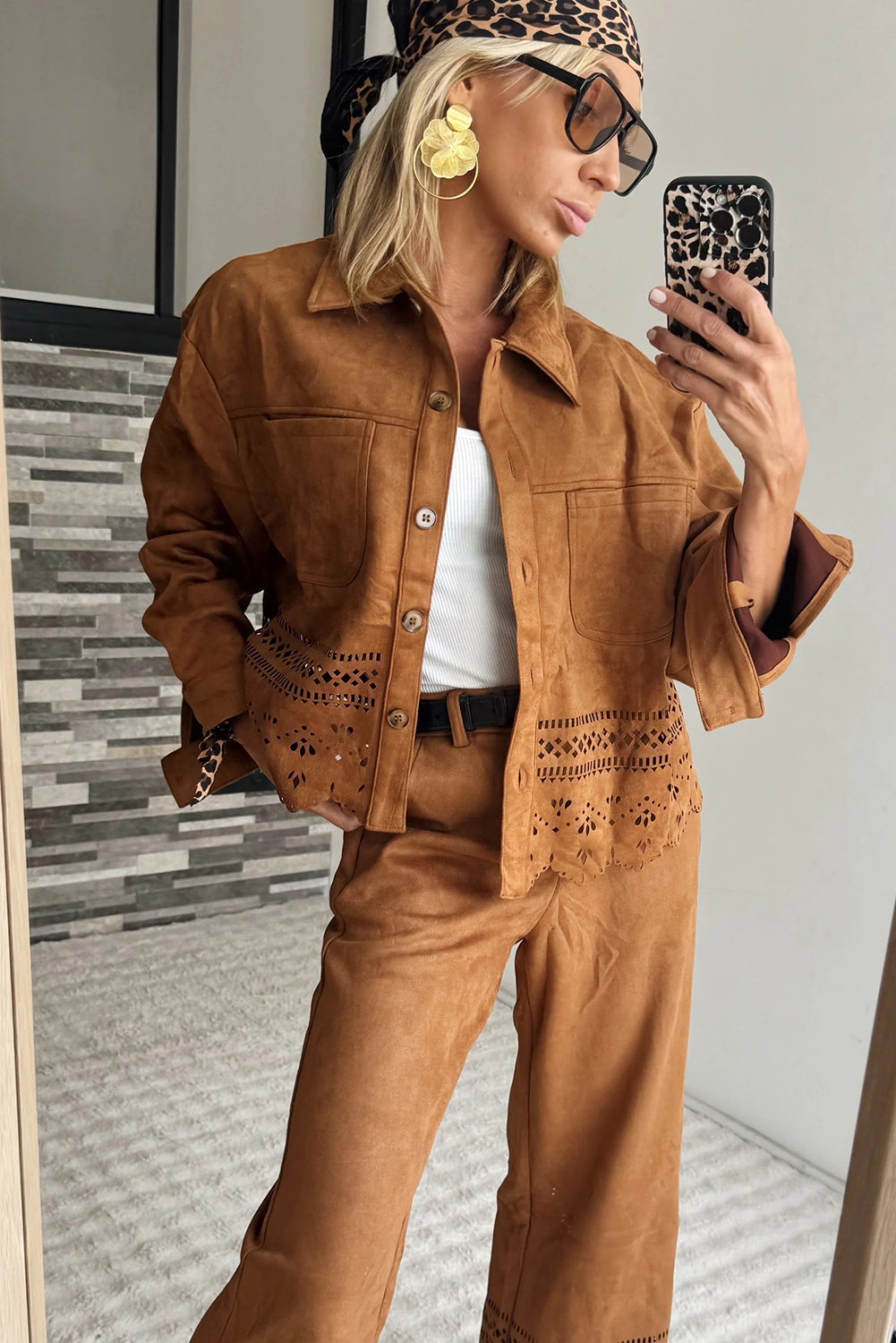 Thai Curry Solid Color Faux Suede Hollowed Detail Button Down Jacket