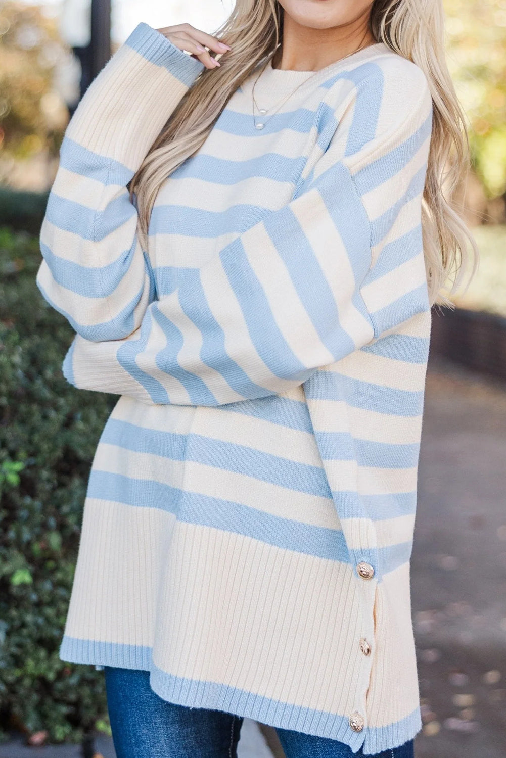 Sky Blue Stripe Ribbed Buttoned Detail Drop Shoulder Tunic Sweater
