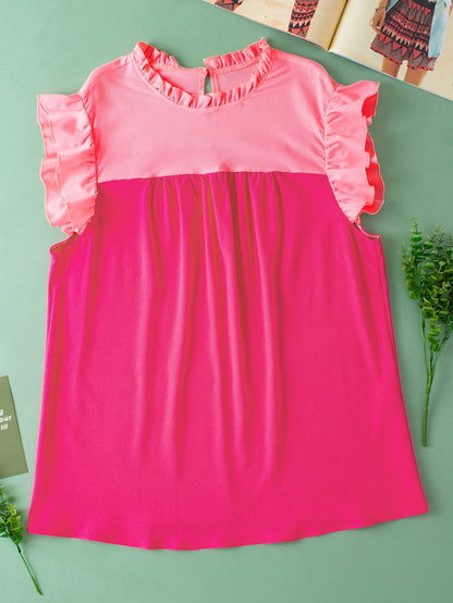 Strawberry Pink Textured 2-Tone Patchwork Frill Neck Ruffled Trim Plus Blouse