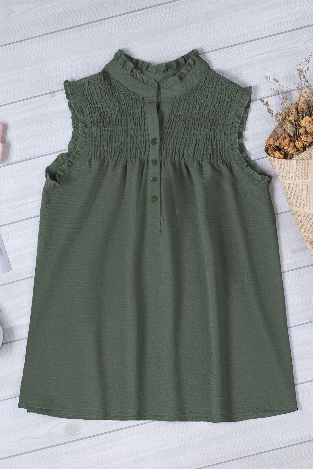 Green Buttoned Frill Tank Top