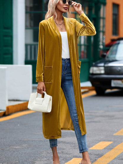 Golden Mustard Plush Open Front Pocketed Maxi Cardigan