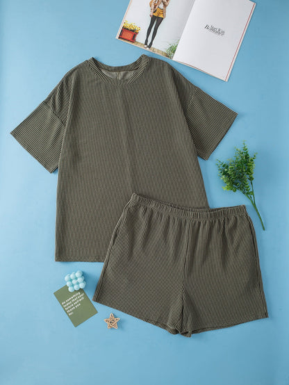 Moss Green Plus Size Rib Knit Short Sleeve Top and Shorts Set
