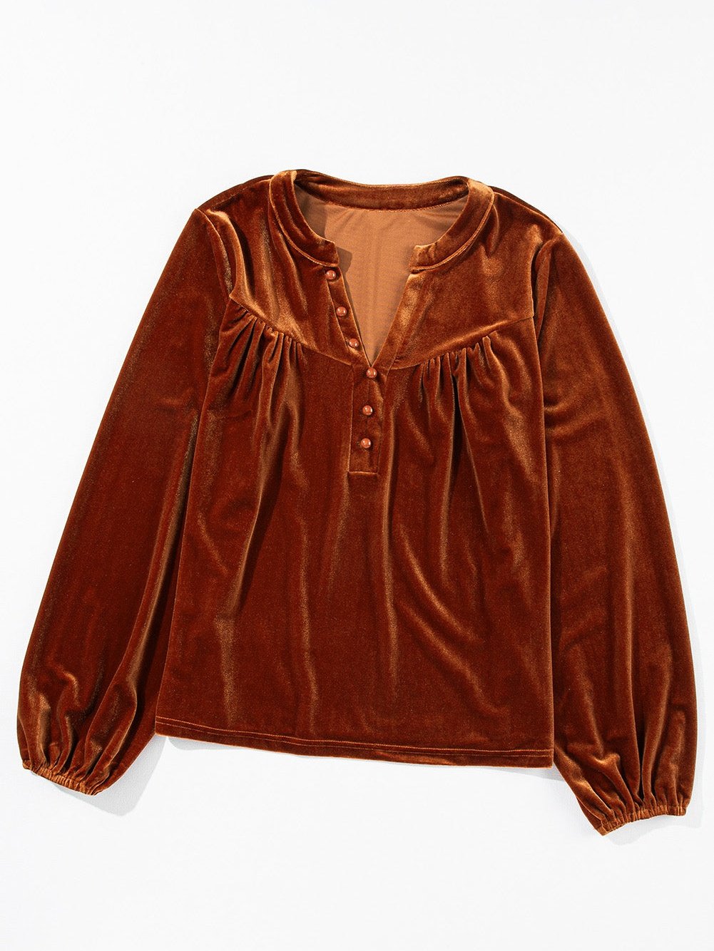 Golden Flare Lantern Sleeve Embellished Split V-Neck Velvet Blouse