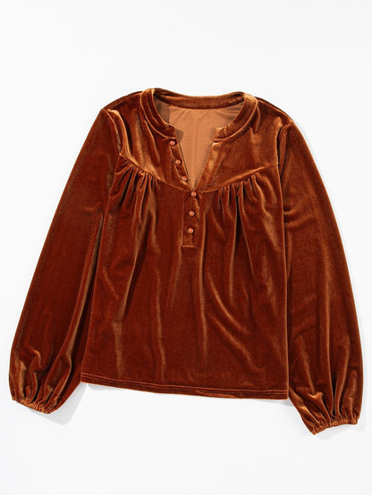 Golden Flare Lantern Sleeve Embellished Split V-Neck Velvet Blouse