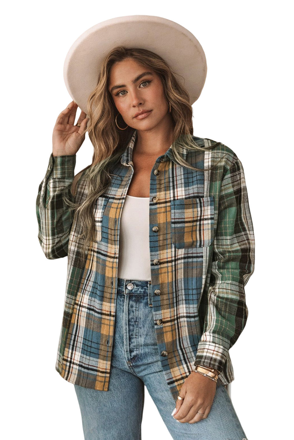 Green Plaid Shacket with Button Up Chest Pockets