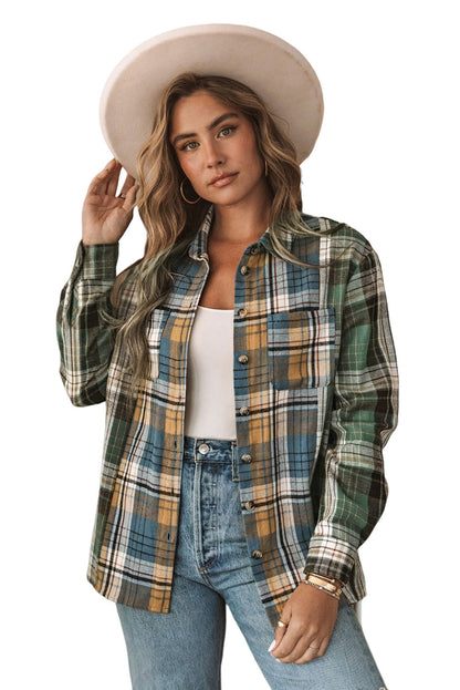 Green Plaid Shacket with Button Up Chest Pockets