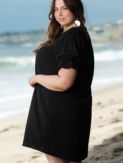 Black Solid Ruffled Puff Sleeve V Neck Plus Size Mini Dress