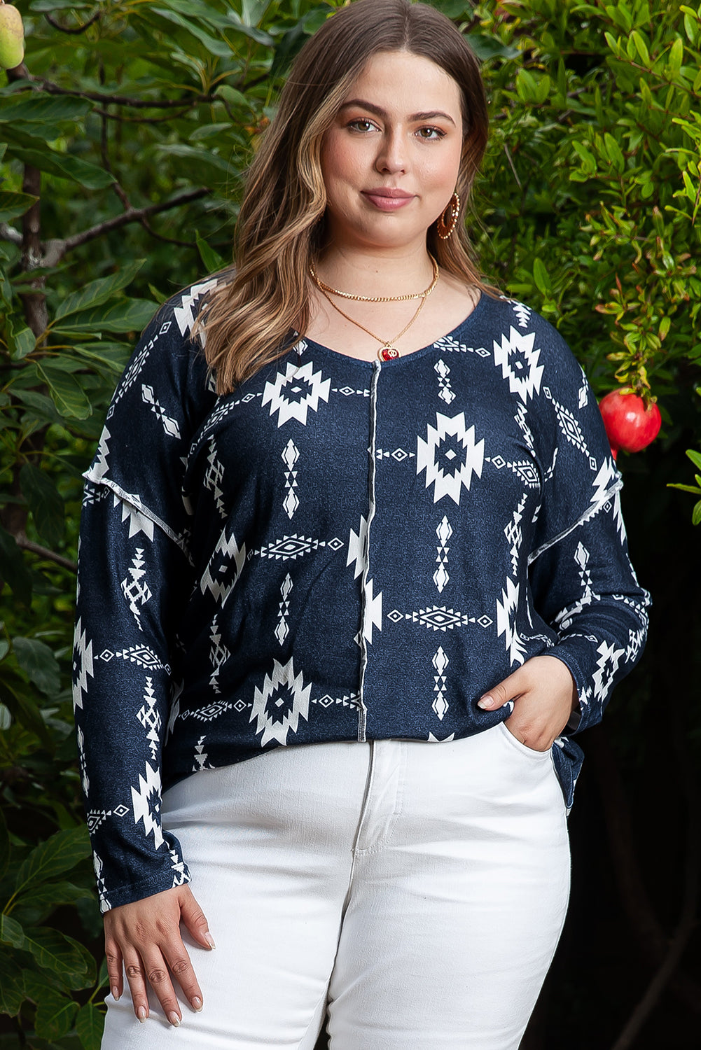Cozy Grey Aztec Print V-Neck Plus Size Top