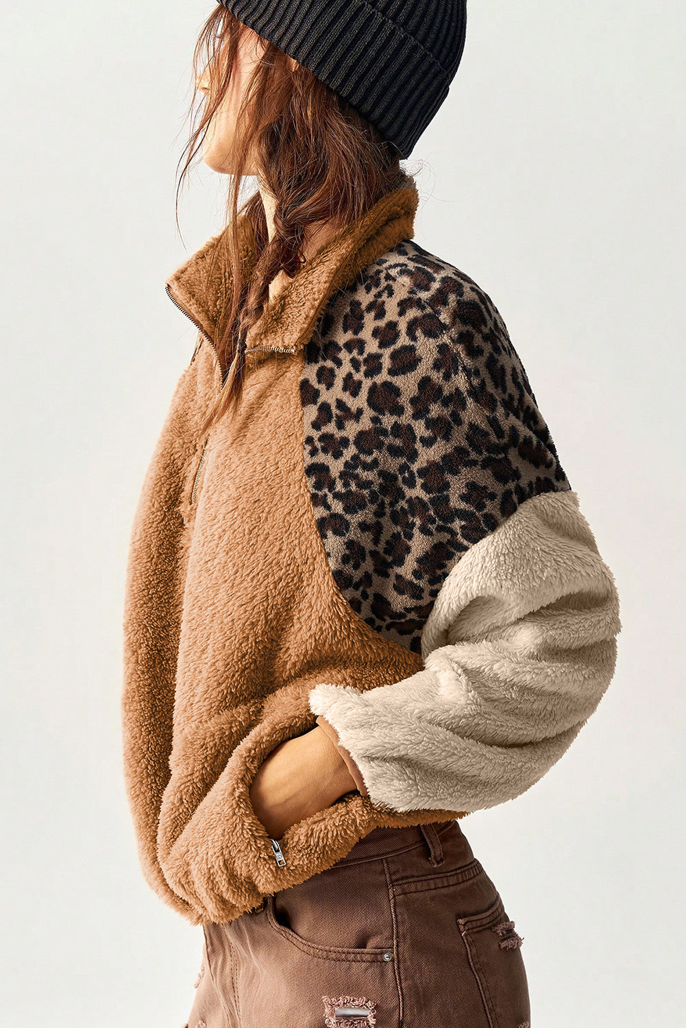 Camel Sherpa Color Block Leopard Patchwork Quarter Zip Plush Pullover Sweatshirt